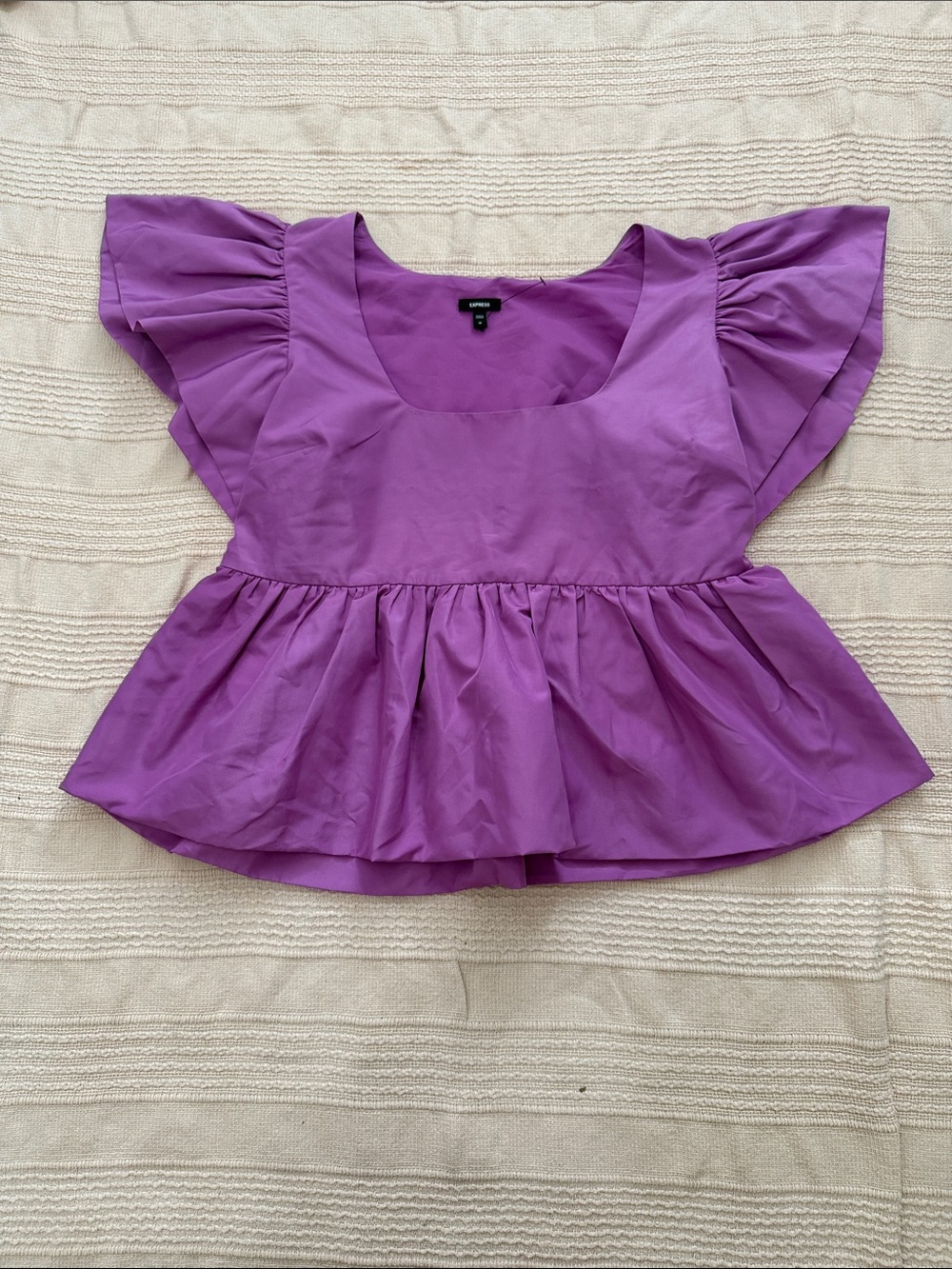 Express Purple Puff-Sleeve Peplum Blouse